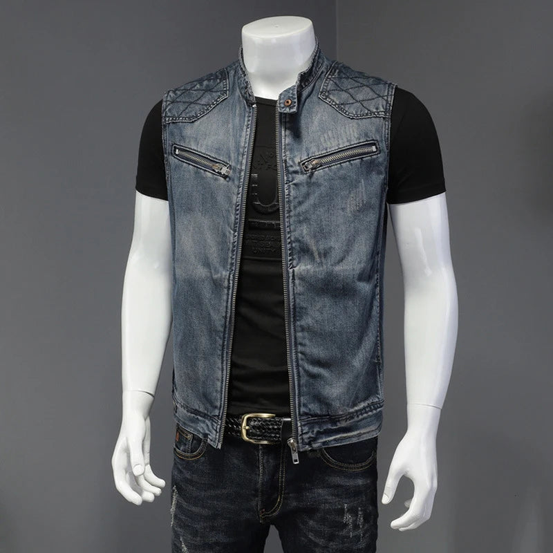 Gilet en jean bleu délavé effet déchiré - vue de face - vue 2