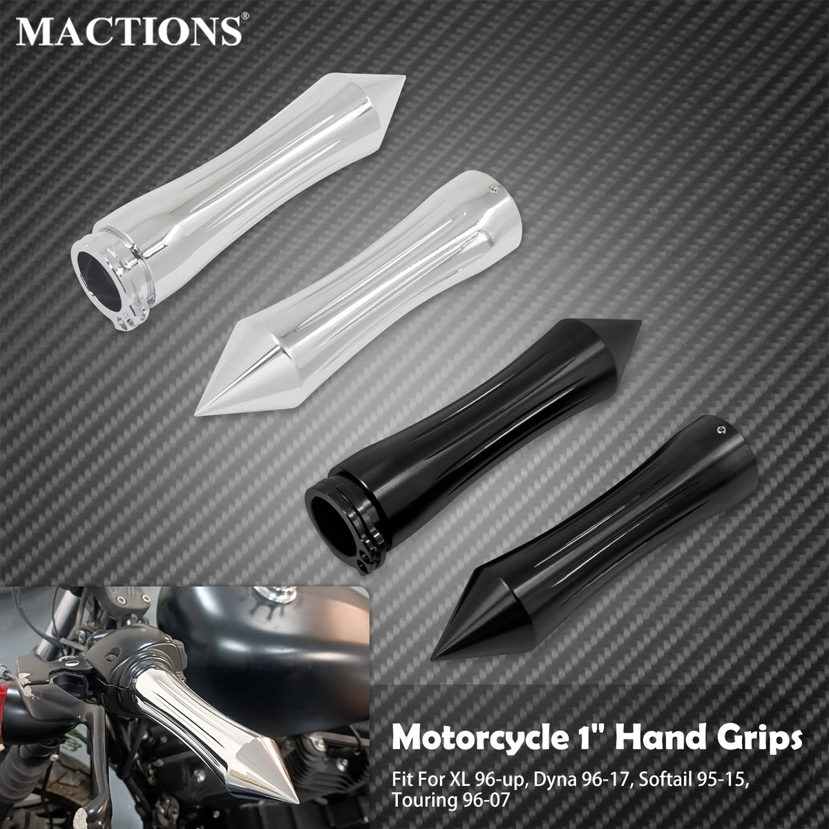 Poignées de guidon pointues 25mm (1 pouce), Chrome ou Noir - Harley-Davidson Sportster, Touring, Softail, Dyna, VRSC – photo 1/8