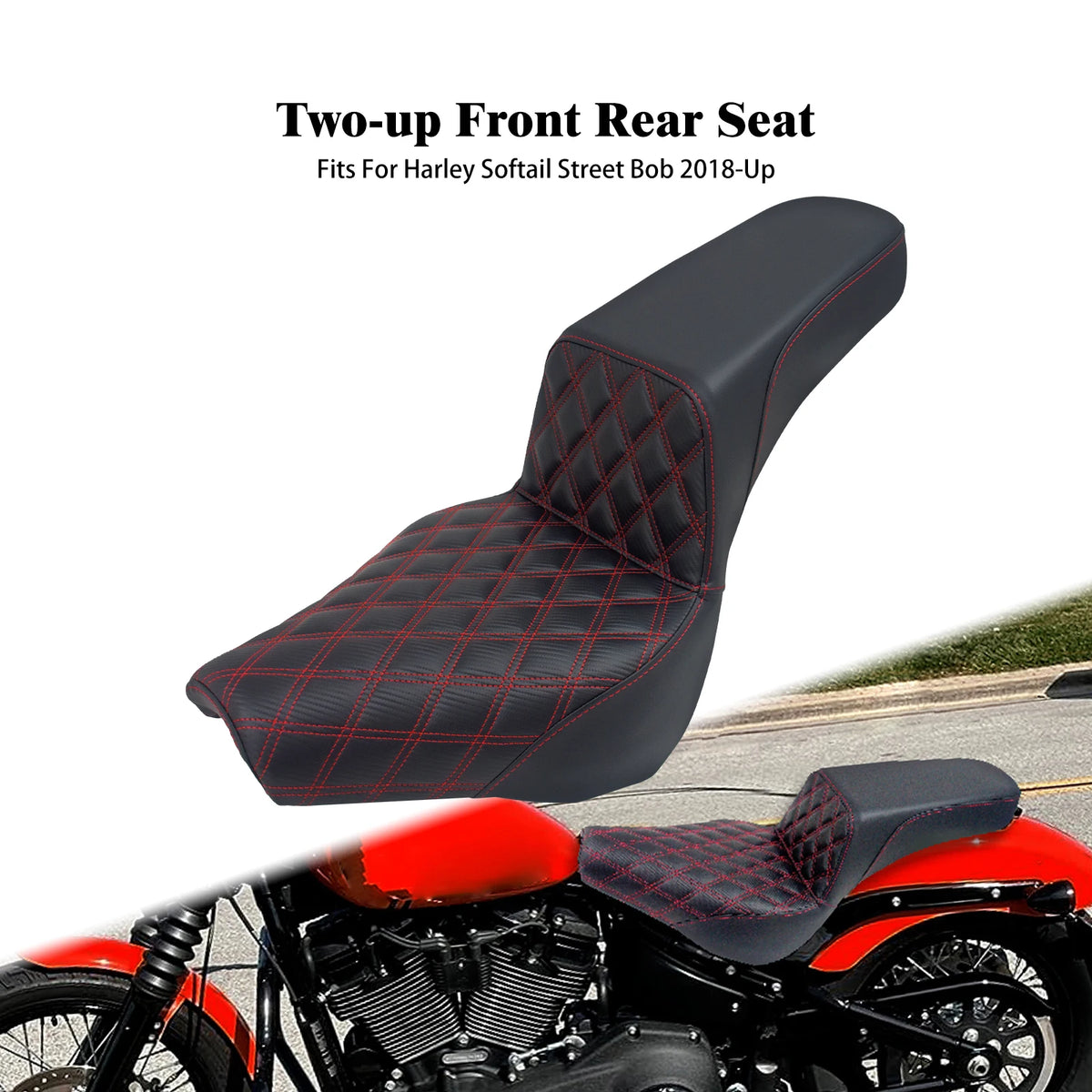 Selle biplace noire à surpiqûres losange pour moto Harley-Davidson Softail - vue 1