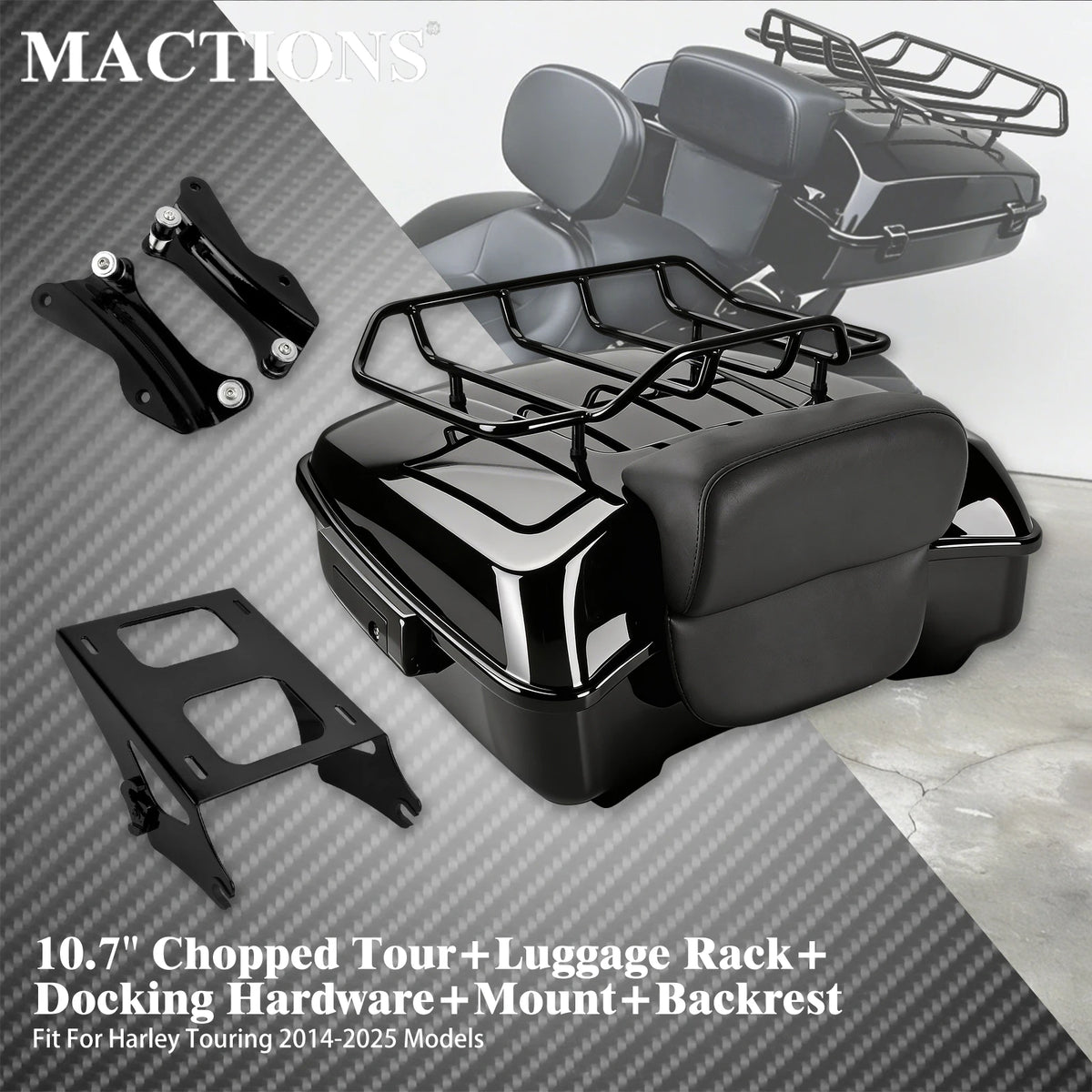 Top case tronqué 10,7" avec dossier et kit porte-bagages pour Harley Touring 2014-2025 - vue 1